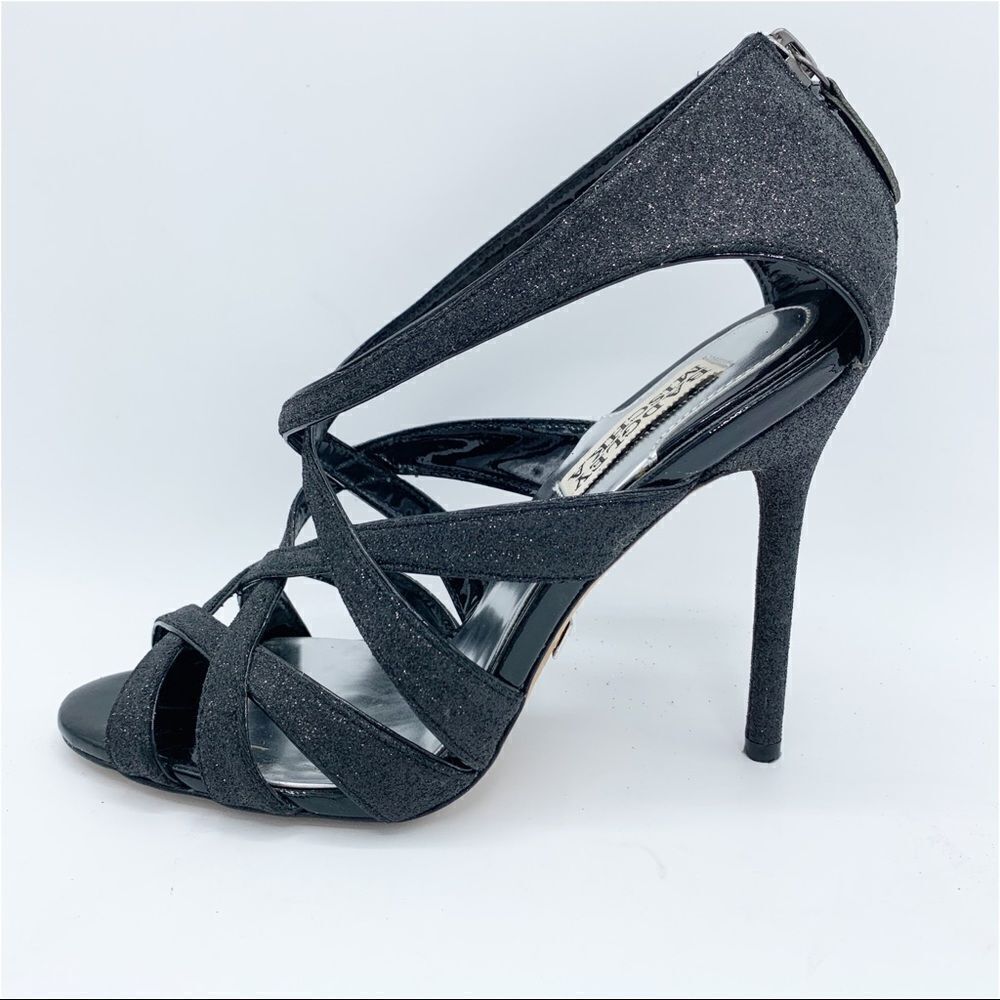 Badgley Mischka Evening Junebug Sandal Black Glitter Stiletto‎ Heel Sz 7 EUC